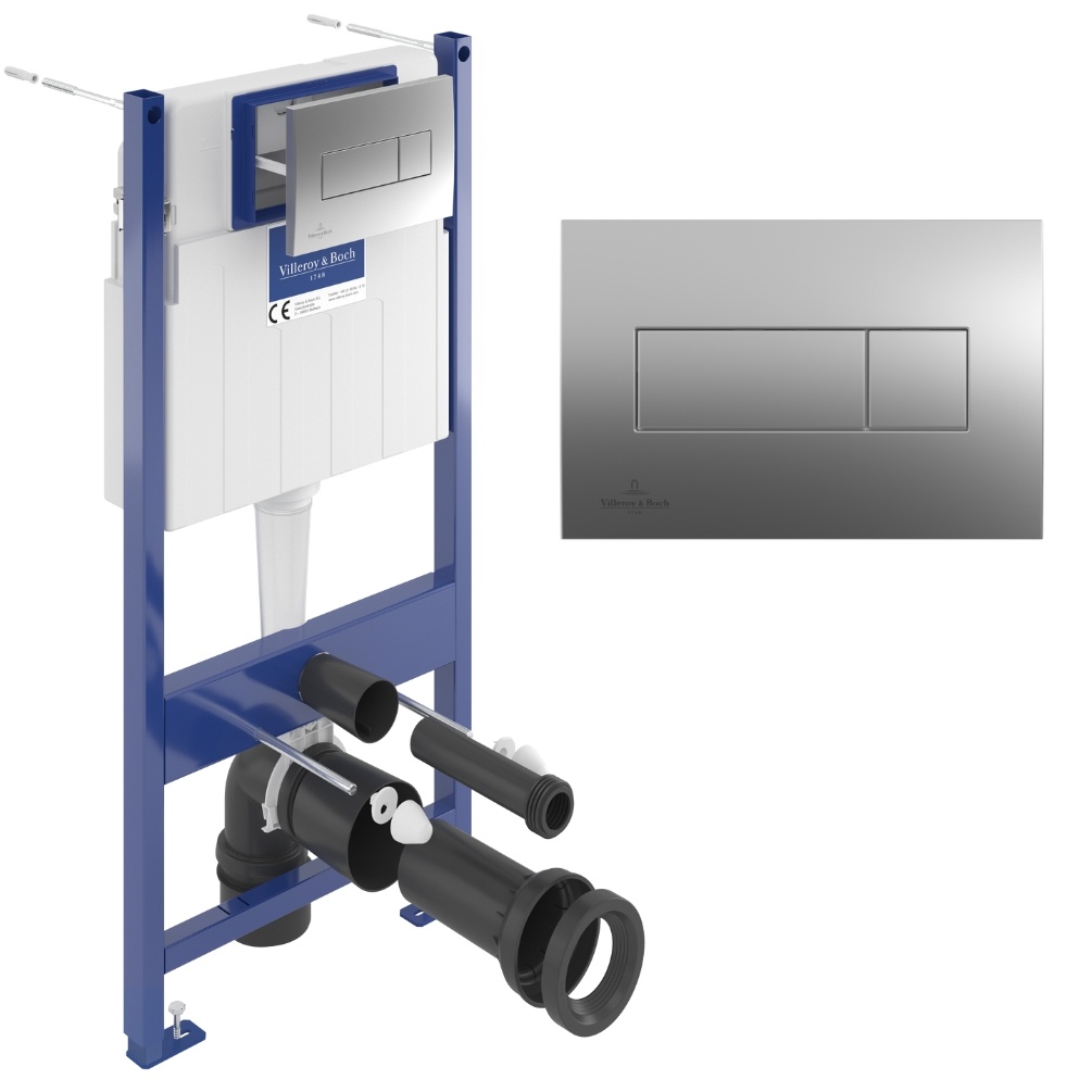 Product cut out photo of Villeroy & Boch ViConnect Pro S 1.12m Toilet Frame in Matt Chrome with dual flush plate pack 92122869